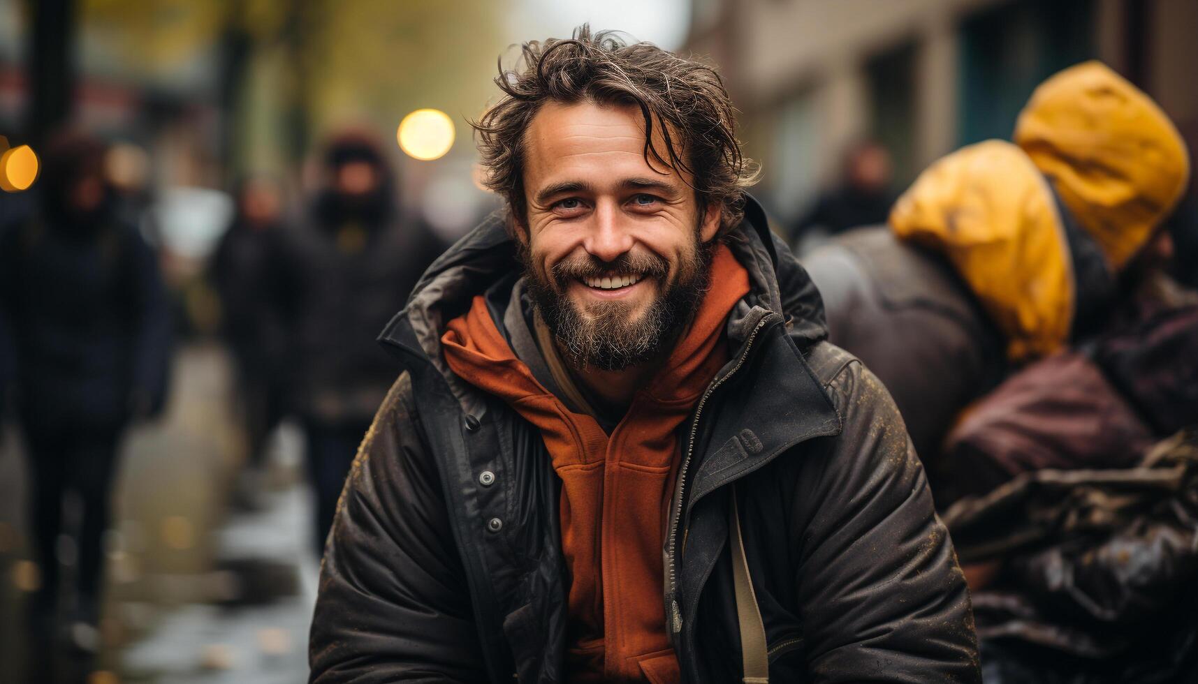 ai gegenereerd een glimlachen Mens wandelen in de regenen, genieten van natuur omhelzing gegenereerd door ai foto