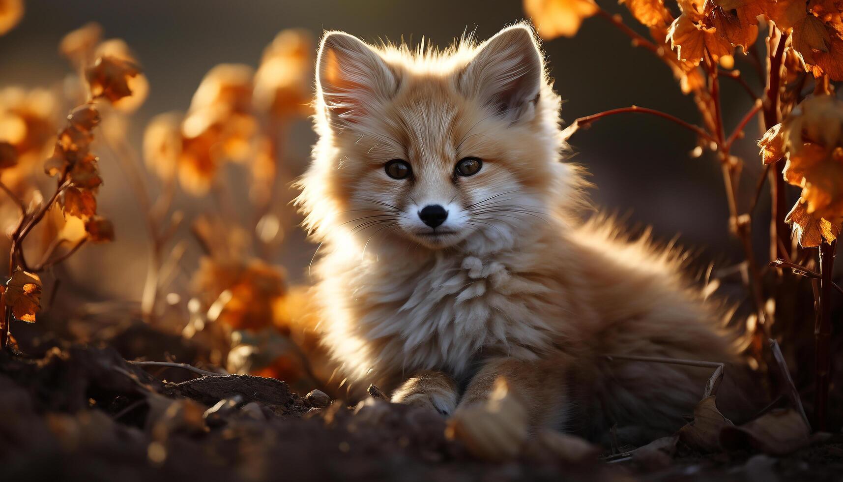 ai gegenereerd pluizig puppy en speels katje zittend buitenshuis, op zoek Bij camera gegenereerd door ai foto