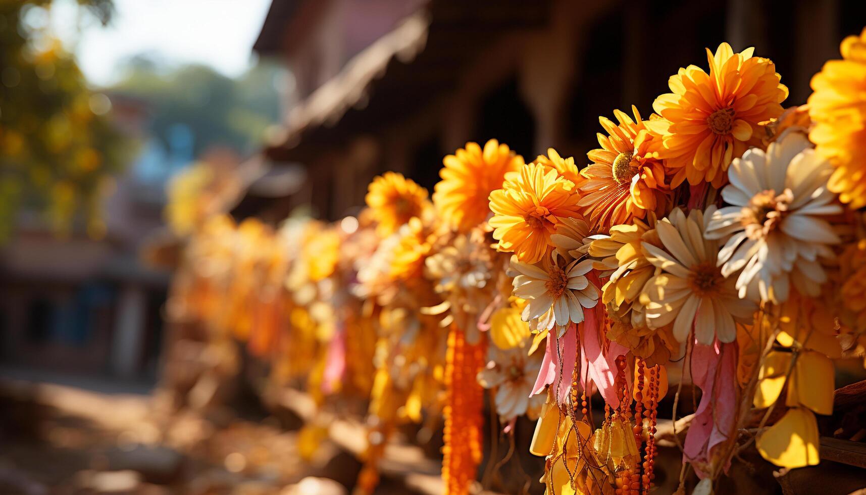 ai gegenereerd geel bloemen in een rij, levendig bloemblaadjes vieren natuur schoonheid gegenereerd door ai foto