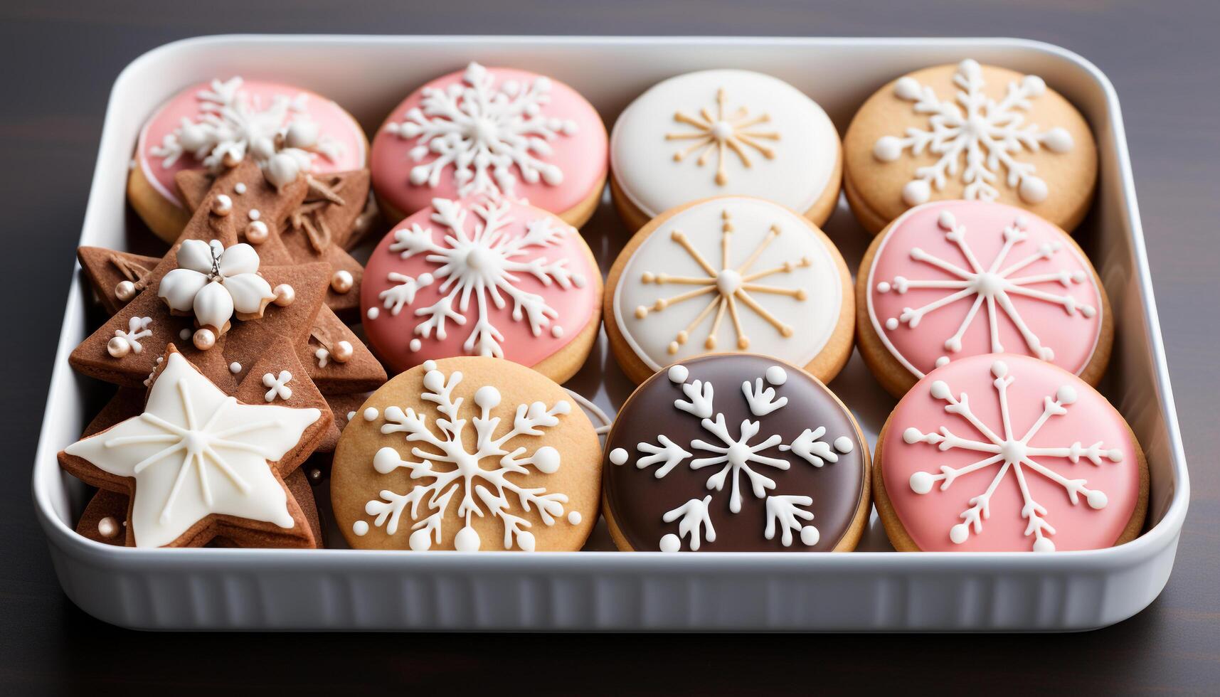 ai gegenereerd eigengemaakt sneeuwvlok vormig suiker koekjes, versierd met roze suikerglazuur gegenereerd door ai foto