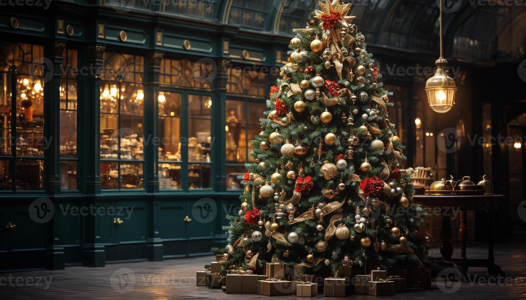 ai gegenereerd Kerstmis boom decoratie verlichte met Kerstmis lichten binnenshuis gegenereerd door ai foto