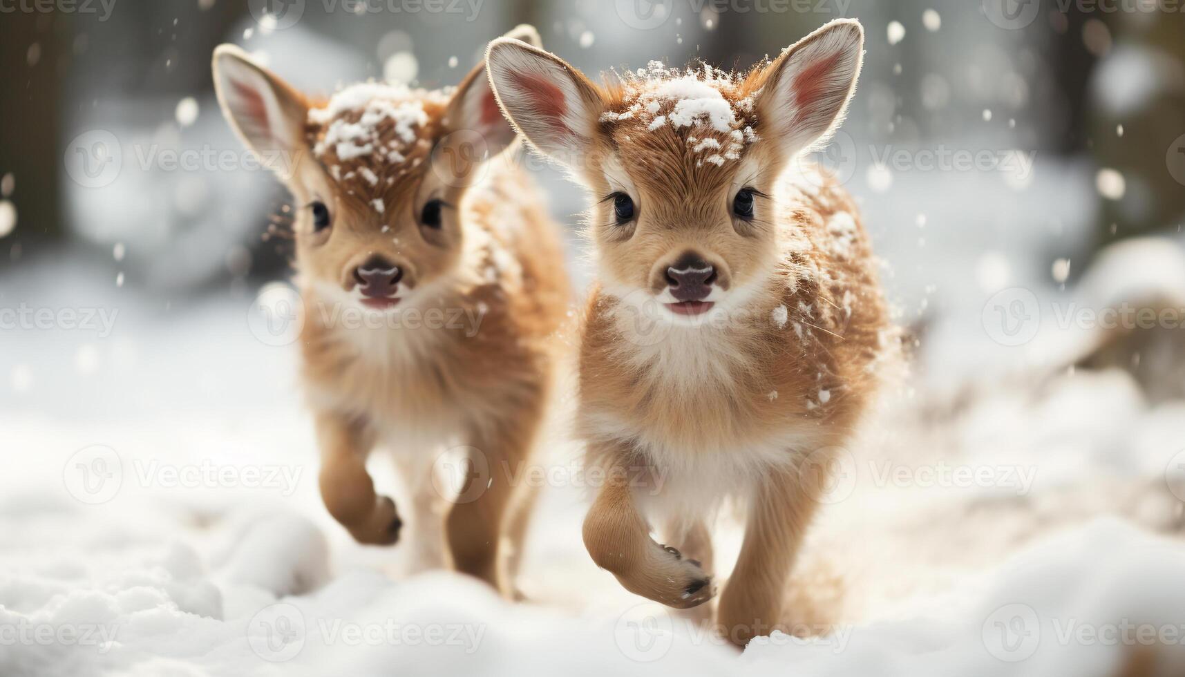 ai gegenereerd schattig puppy spelen in de sneeuw, op zoek Bij camera gegenereerd door ai foto