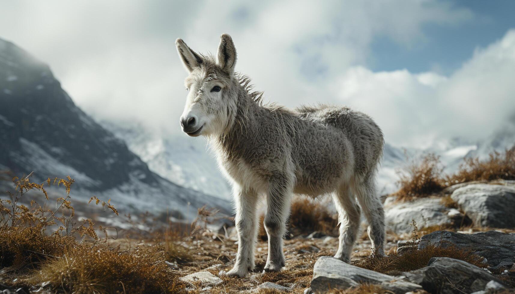 ai gegenereerd schattig geit begrazing Aan berg weide, omringd door besneeuwd pieken gegenereerd door ai foto