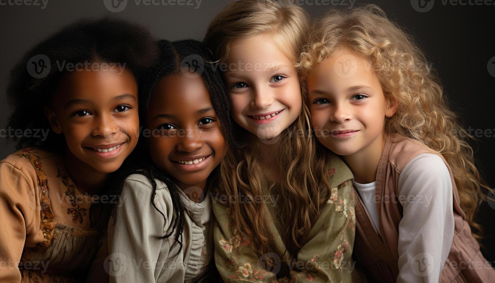 ai gegenereerd glimlachen meisjes, vrolijk jongens, schattig portret, op zoek Bij camera gegenereerd door ai foto