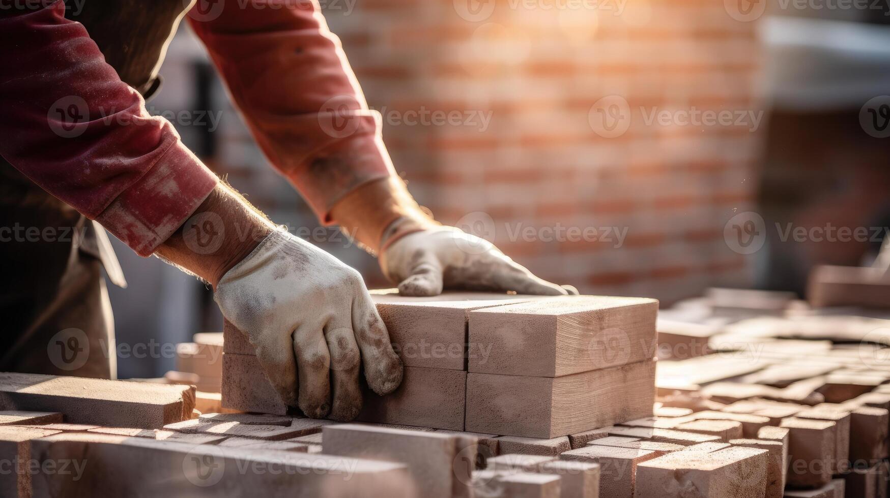 ai gegenereerd detailopname van een industrieel metselaar installeren bakstenen Aan een bouw plaats. ai gegenereerd foto