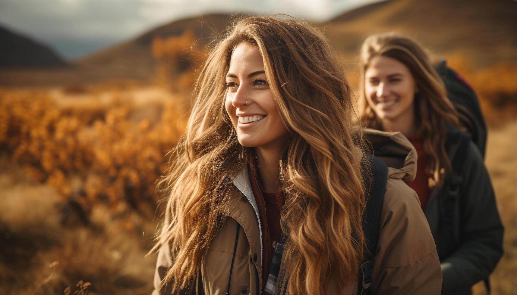 ai gegenereerd jong Dames glimlachen buitenshuis, genieten van natuur, vriendschap, en saamhorigheid gegenereerd door ai foto