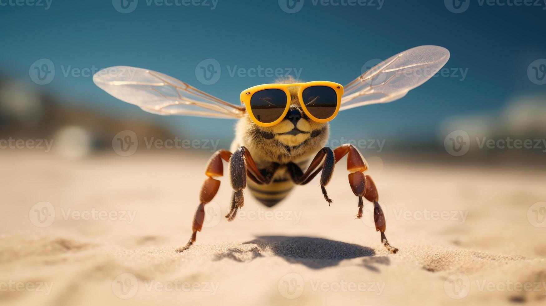 ai gegenereerd ervaring de intensiteit van een bij springend op de strand in een verbijsterend detailopname foto, ai gegenereerd. foto