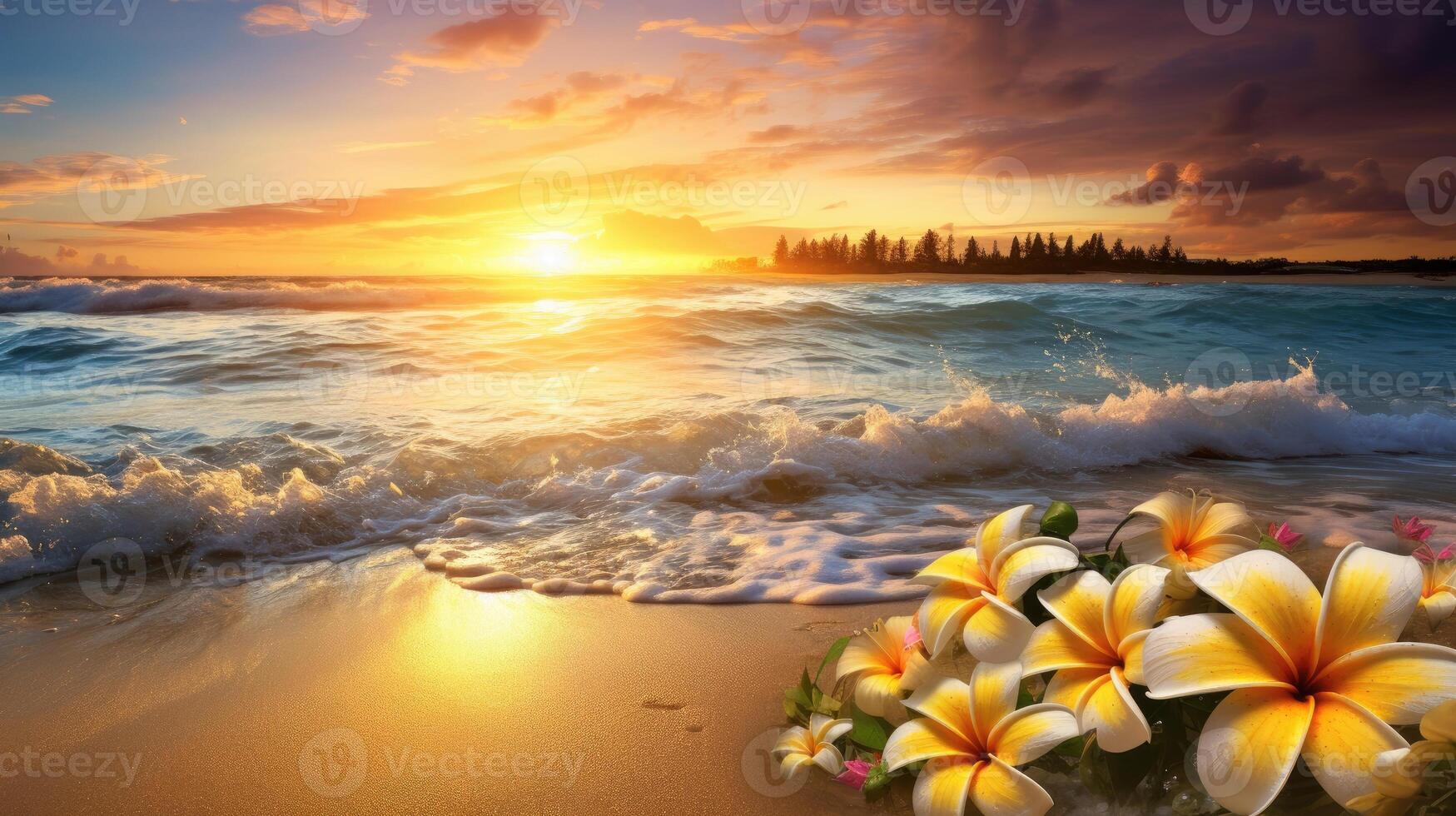 ai gegenereerd een gouden zonsondergang baadt oceaan golven en schuim, versierd met tropisch frangipani bloemen Aan een zanderig strand, ai gegenereerd. foto