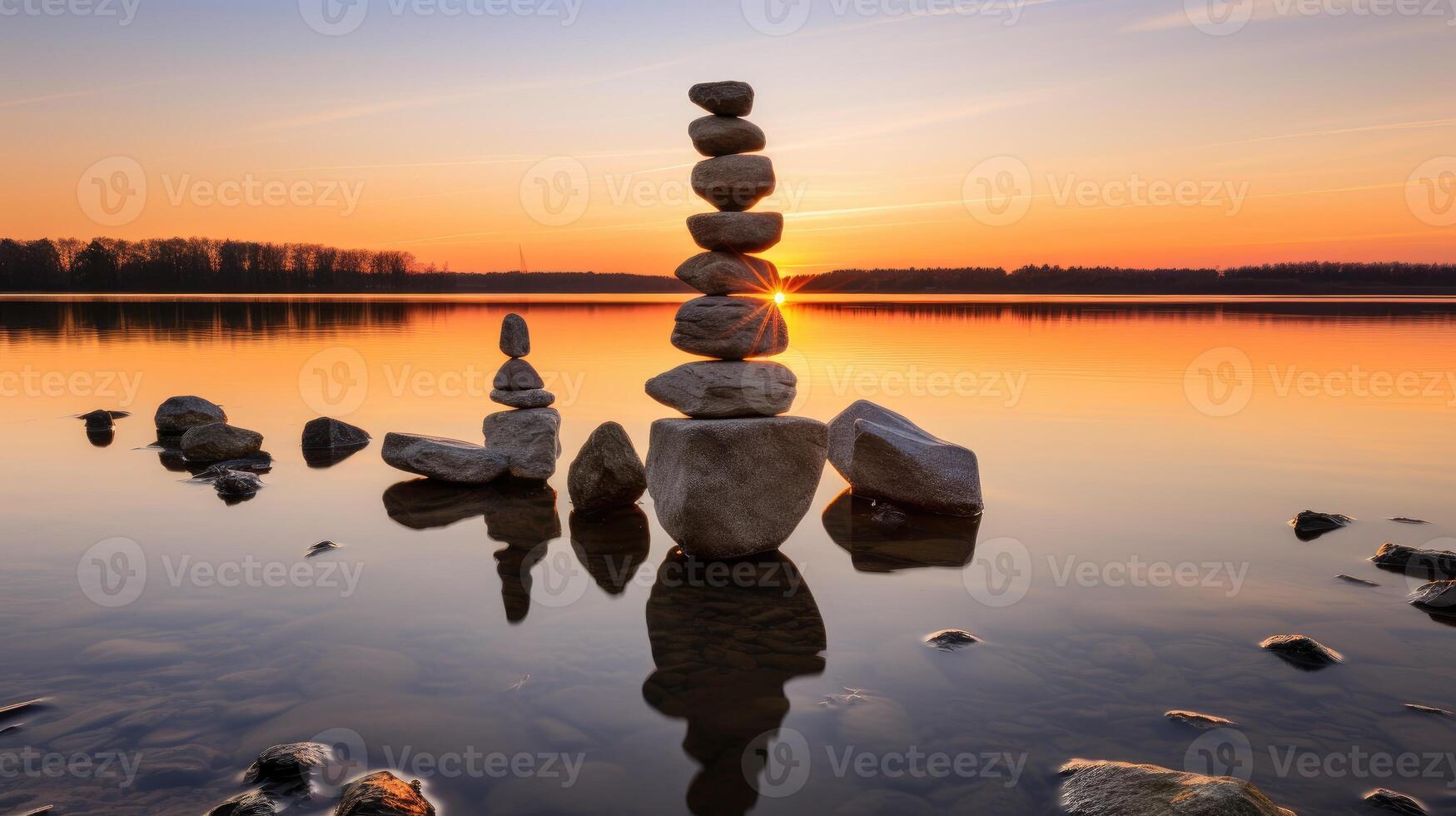 ai gegenereerd stenen rust uit in de meer, omarmd door de teder tinten van zonsopkomst in een boeiend landschap. ai gegenereerd. foto