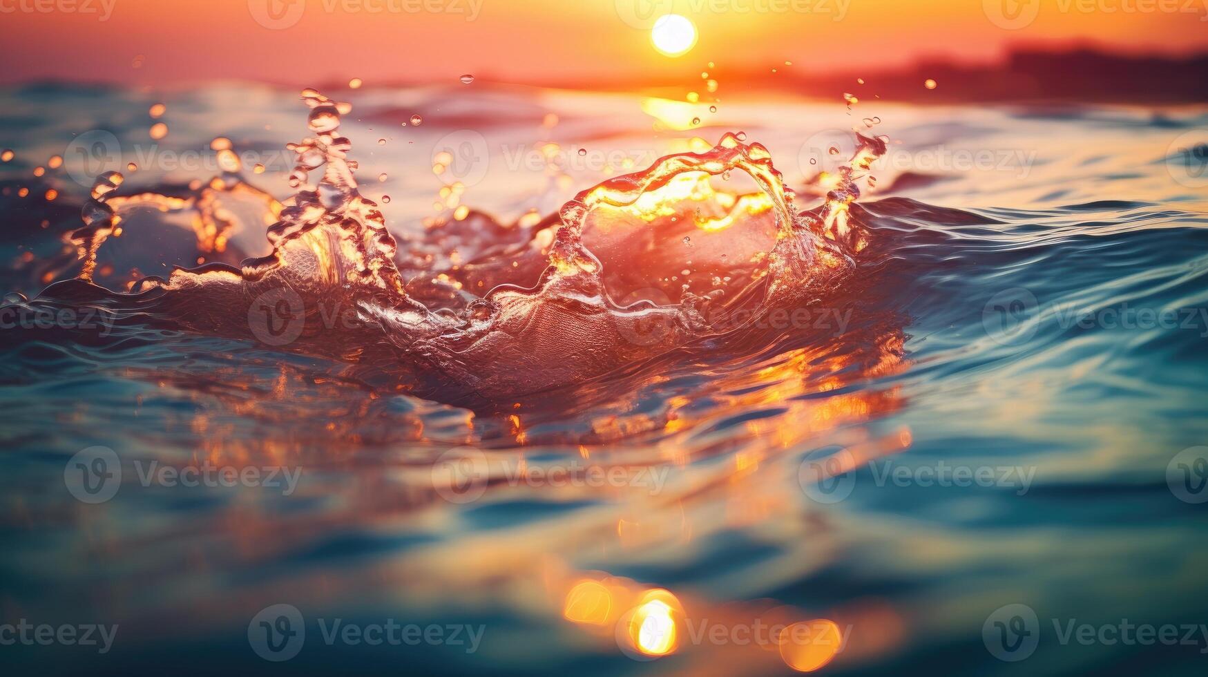 ai gegenereerd een detailopname vangt water spatten tegen een wazig tropisch zonsondergang achtergrond, creëren een dynamisch en levendig tafereel. ai gegenereerd. foto