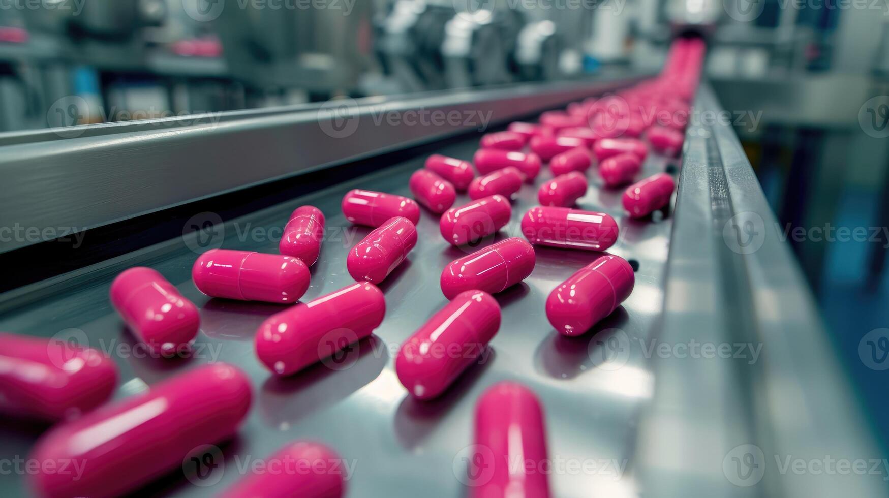 ai gegenereerd gedetailleerd macro schot vangt roze capsules in de productie en inpakken werkwijze Bij een modern farmaceutisch fabriek. ai gegenereerd. foto