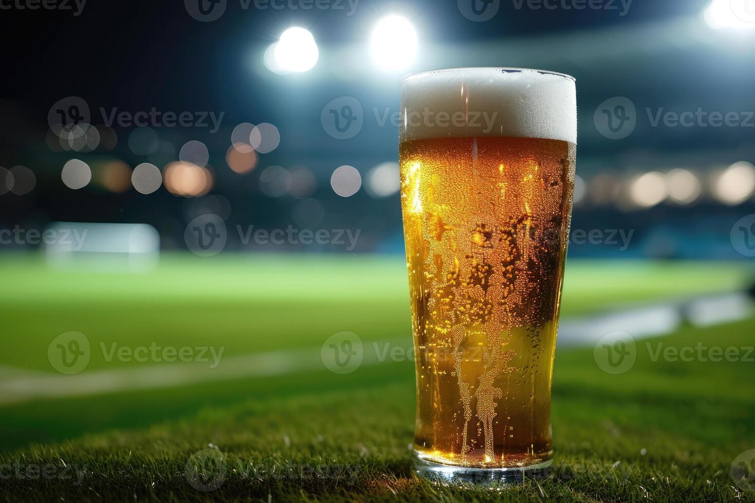 ai gegenereerd verkoudheid bier in een glas, reeks tegen een voetbal stadion achtergrond. verfrissend sfeer. ai gegenereerd. foto