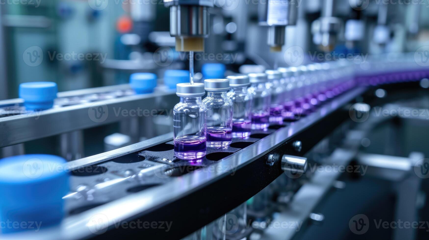 ai gegenereerd getuige de precisie van medisch flesjes in beweging langs de productie lijn in een farmaceutisch fabriek. ai gegenereerd foto