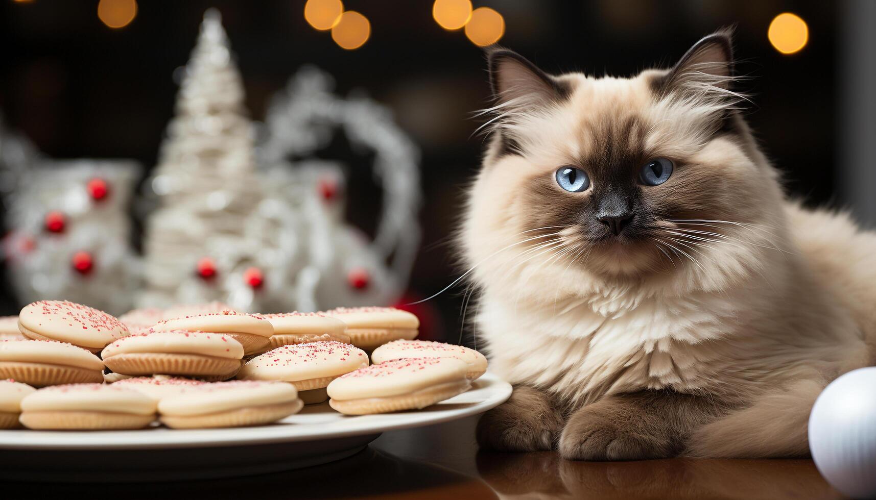 ai gegenereerd schattig katje zittend door Kerstmis boom, op zoek Bij camera gegenereerd door ai foto