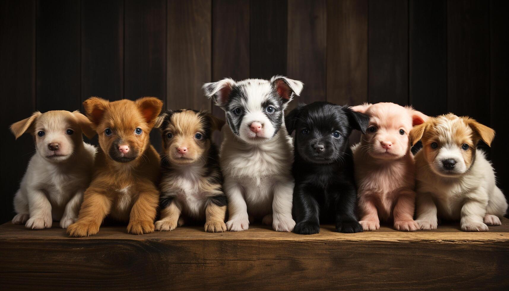 ai gegenereerd schattig puppy zittend binnenshuis, op zoek Bij camera met harig vrienden gegenereerd door ai foto