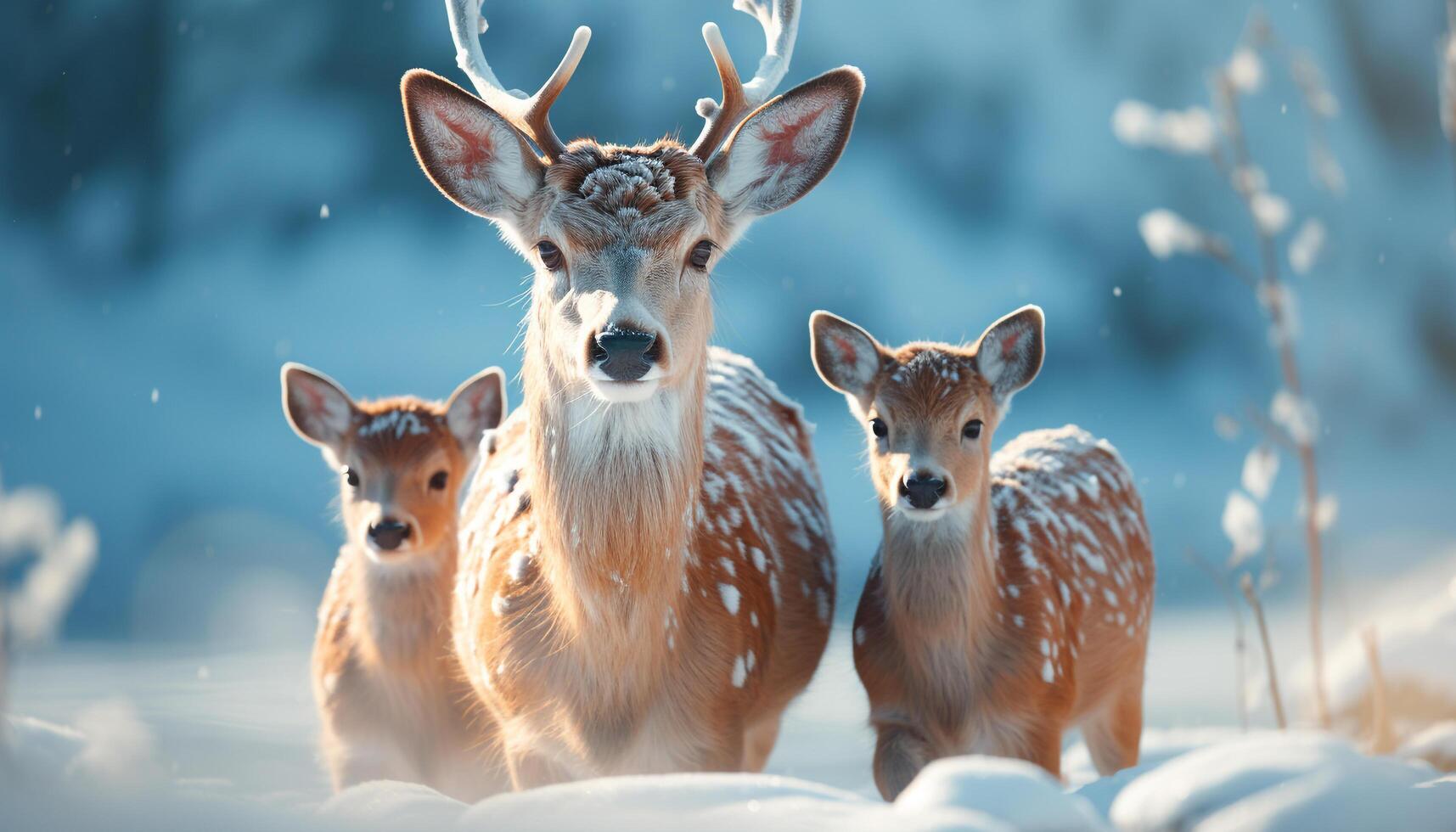 ai gegenereerd schattig hert familie in besneeuwd Woud, op zoek Bij camera gegenereerd door ai foto