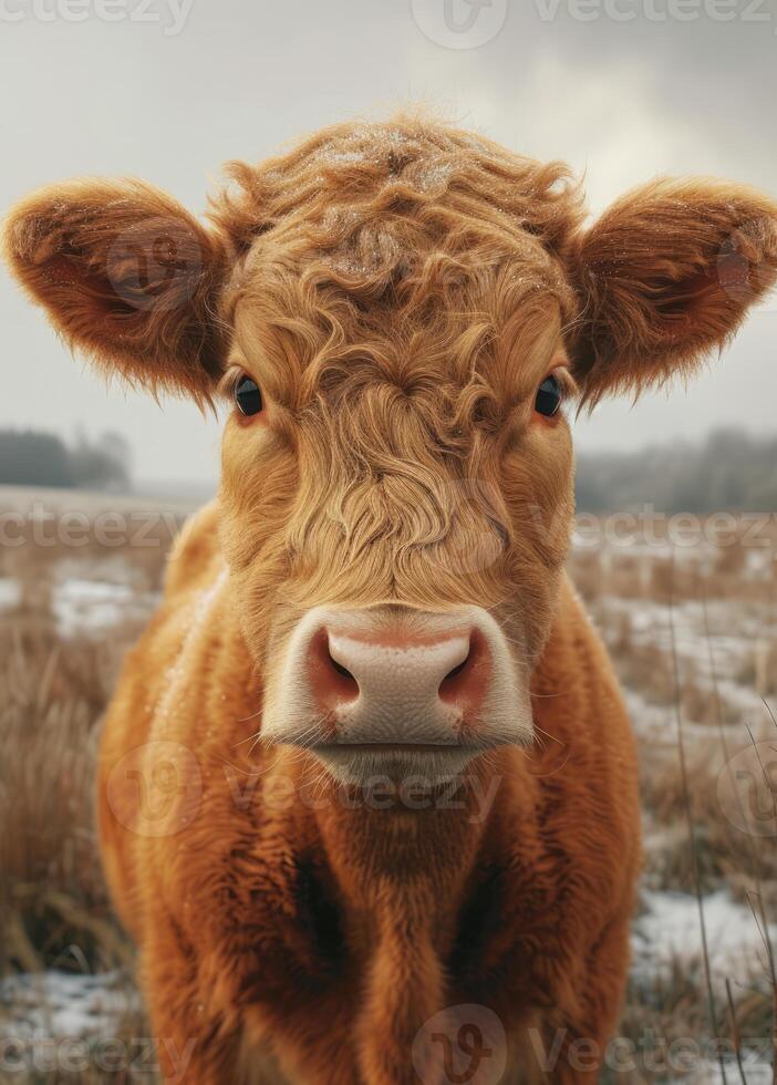 ai gegenereerd een koe staand in voorkant van een wit muur. een bruin koe is gezien omhoog dichtbij, begrazing in een vredig groen veld. foto