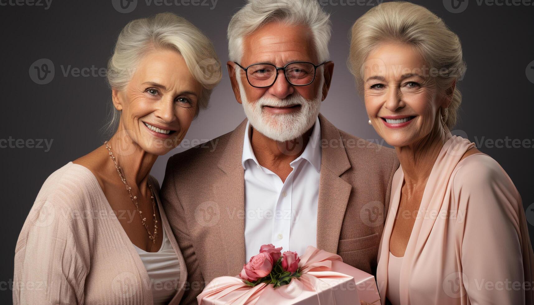 ai gegenereerd glimlachen senior paar Holding verjaardag geschenk, vieren liefde en saamhorigheid gegenereerd door ai foto