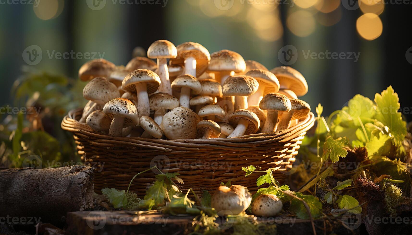 ai gegenereerd vers herfst eetbaar champignons in een rieten mand, natuur fijnproever geschenk gegenereerd door ai foto
