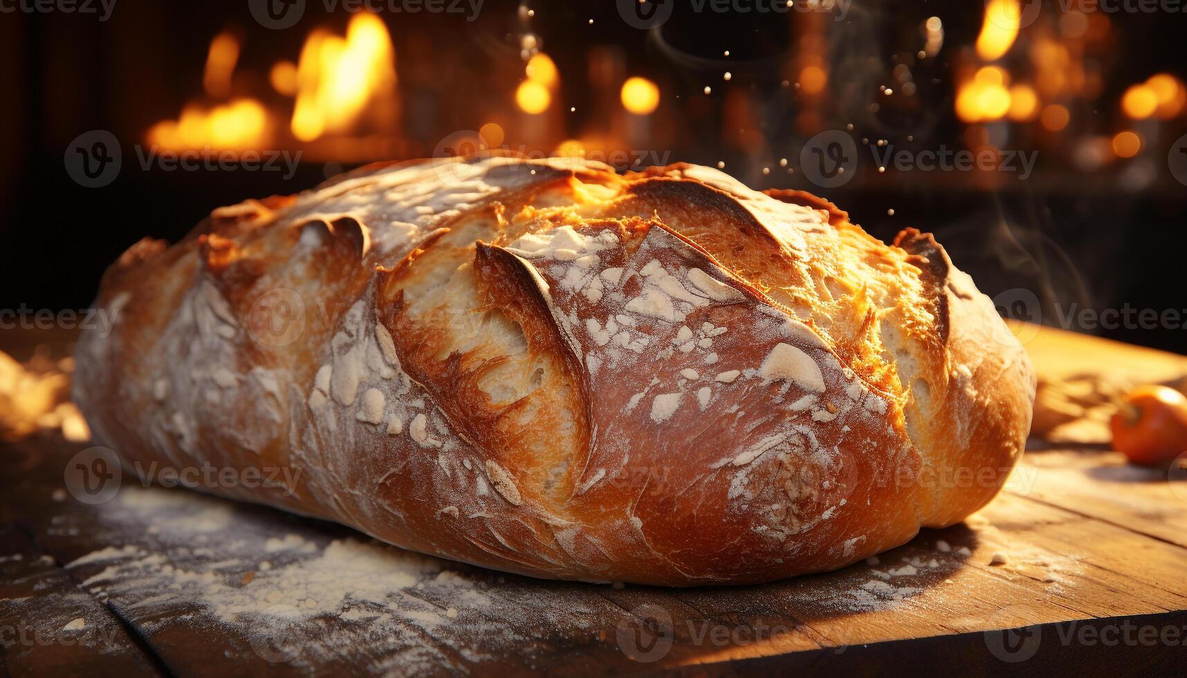 ai gegenereerd vers gebakken brood Aan rustiek houten tafel, eigengemaakt en heerlijk gegenereerd door ai foto