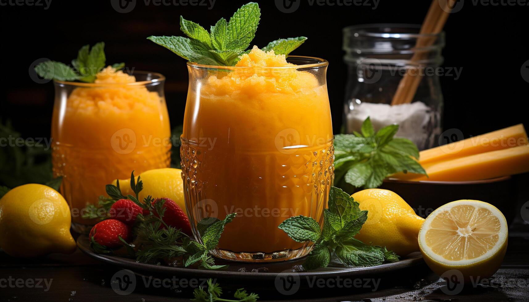 ai gegenereerd vers citrus fruit cocktail Aan houten tafel, gezond en verfrissend gegenereerd door ai foto