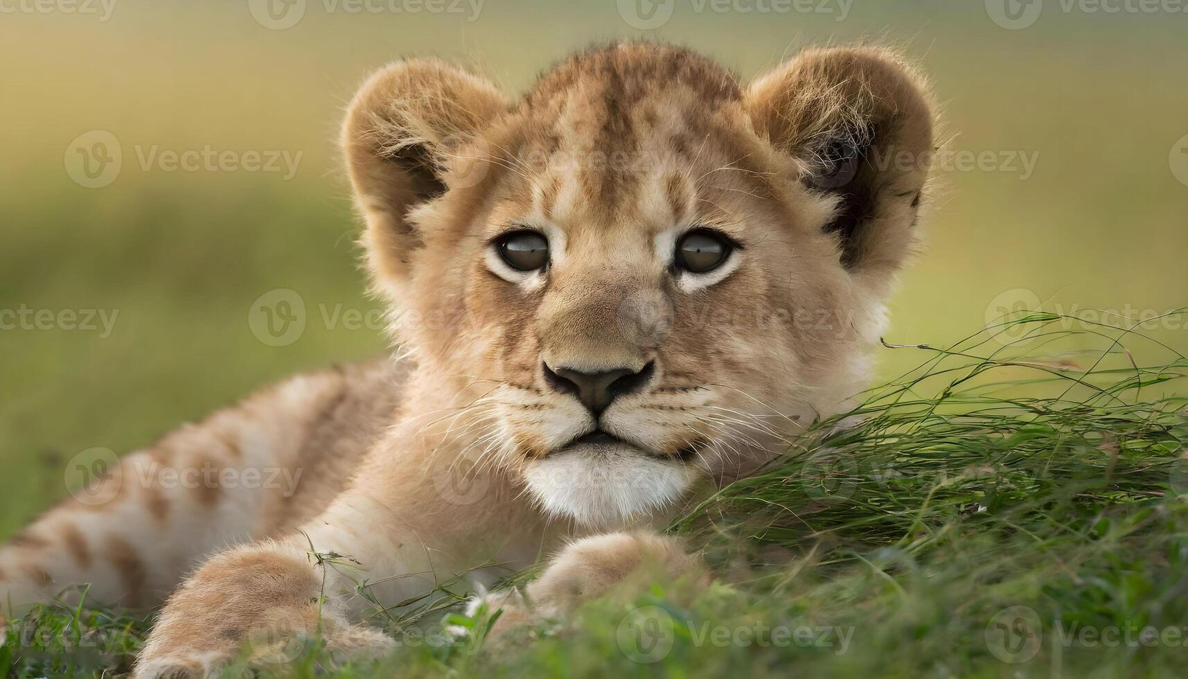 ai gegenereerd pasgeboren baby leeuw welp detailopname resting Aan gras foto