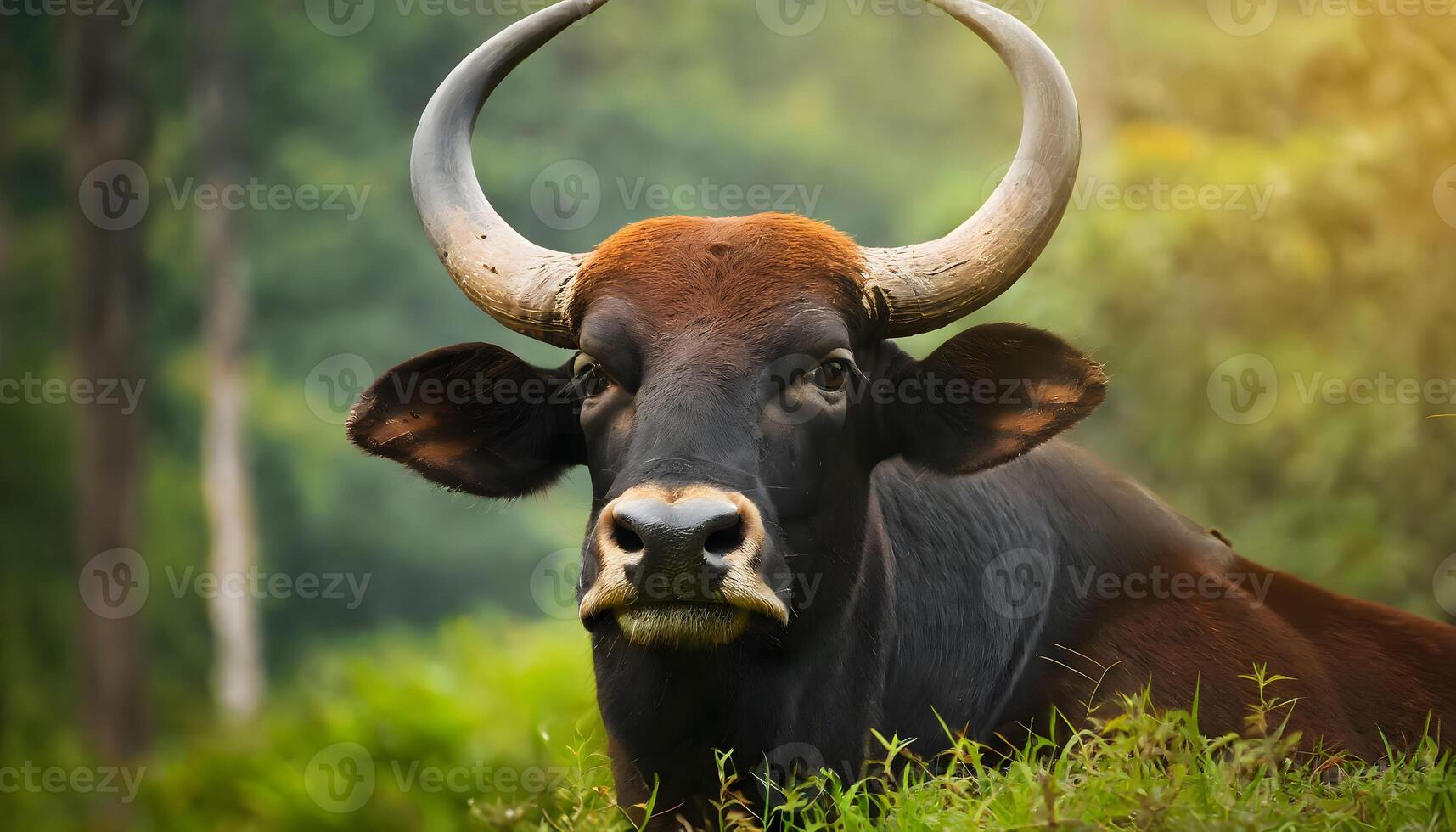 ai gegenereerd gaur gezicht detailopname resting Aan gras foto