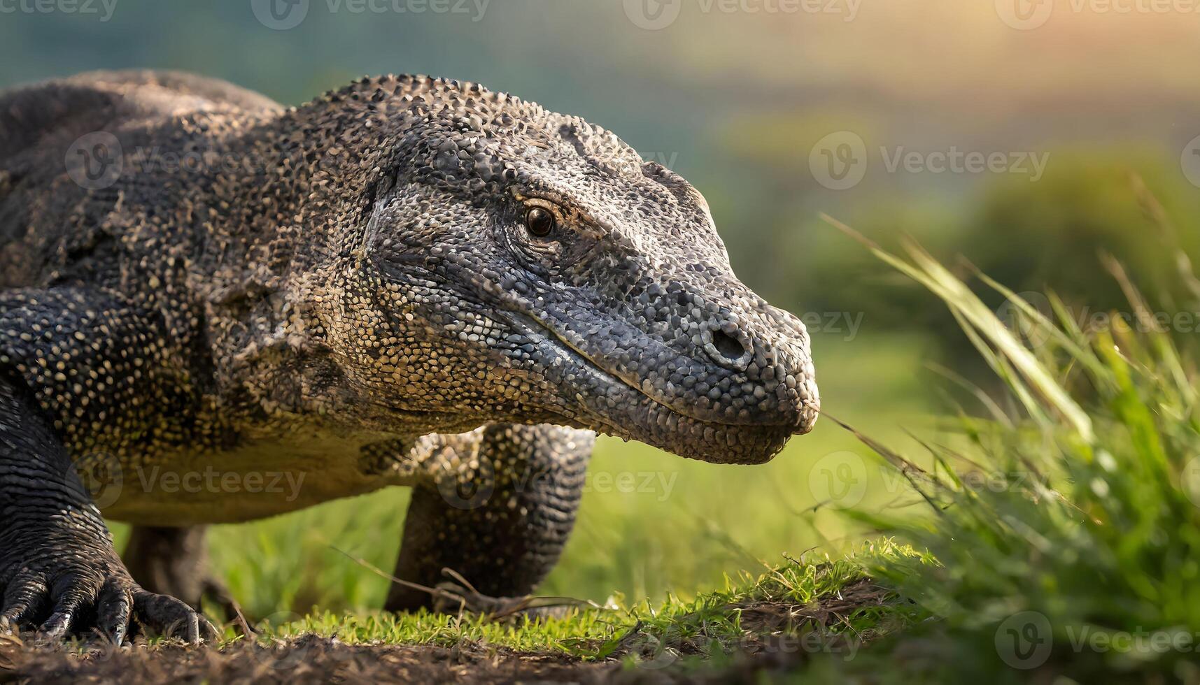 ai gegenereerd komodo draak extreem gezicht detailopname wandelen Aan gras foto