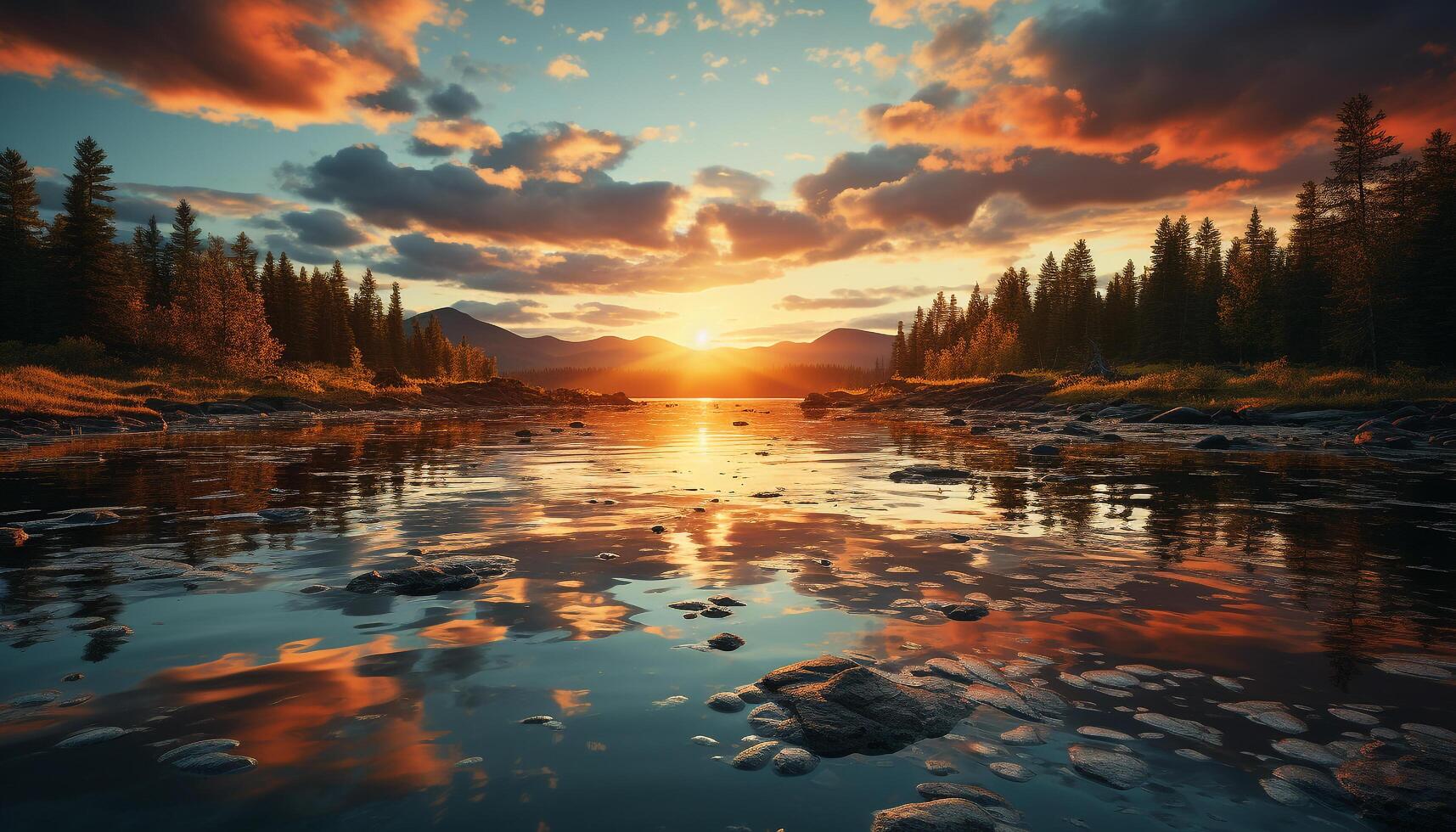 ai gegenereerd rustig tafereel zonsondergang weerspiegelt Aan berg, natuur majestueus schoonheid gegenereerd door ai foto