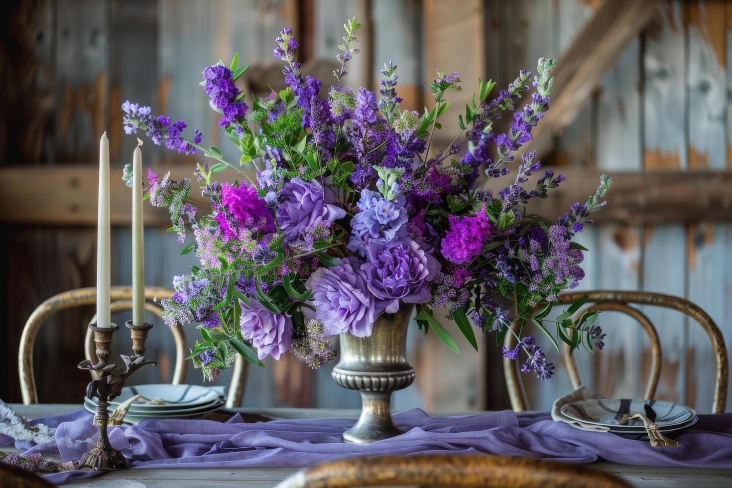 ai gegenereerd elegant bloemen arrangement Aan rustiek tafel foto