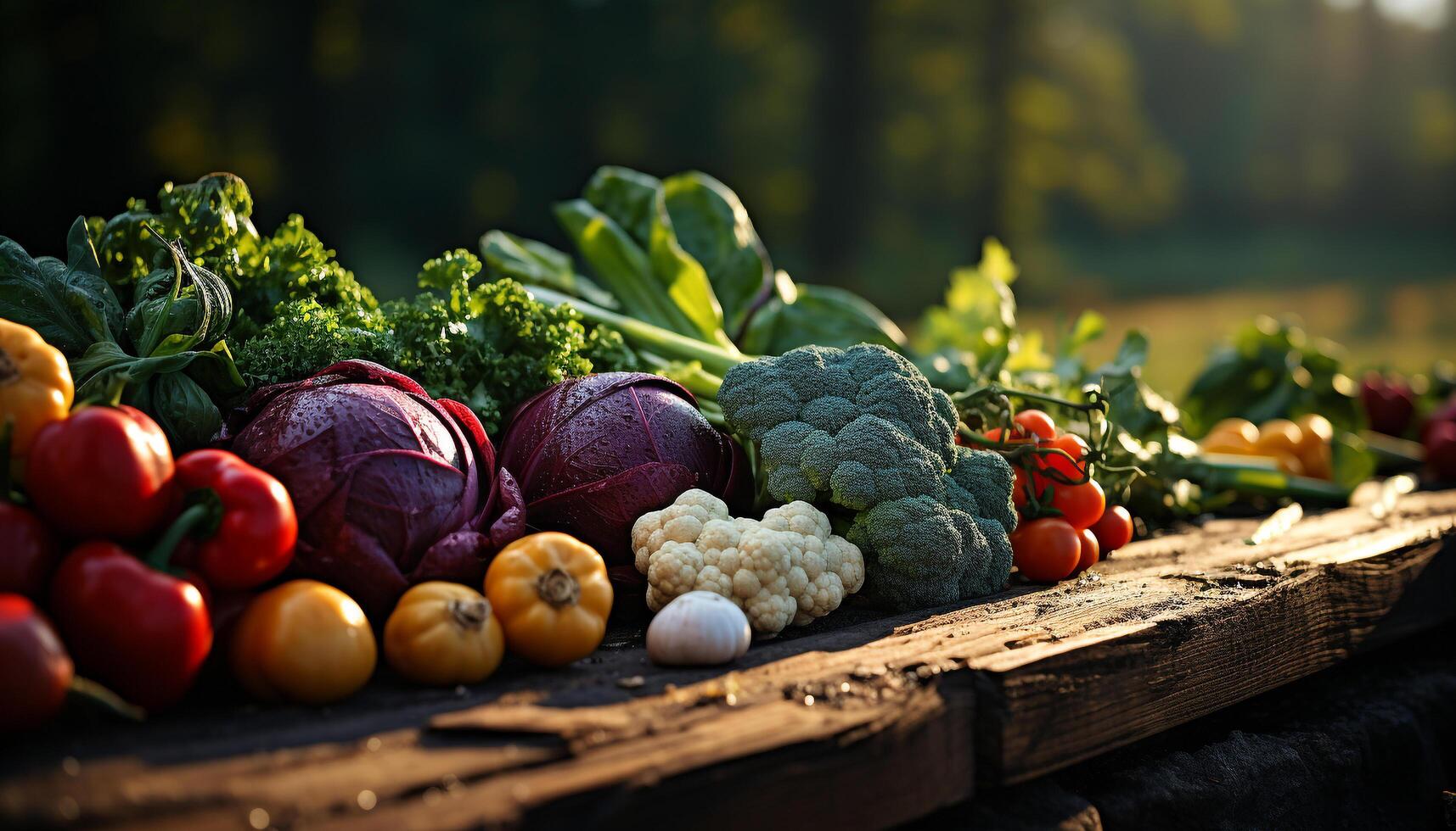 ai gegenereerd vers, biologisch groenten Aan rustiek houten tafel, herfst oogst gegenereerd door ai foto