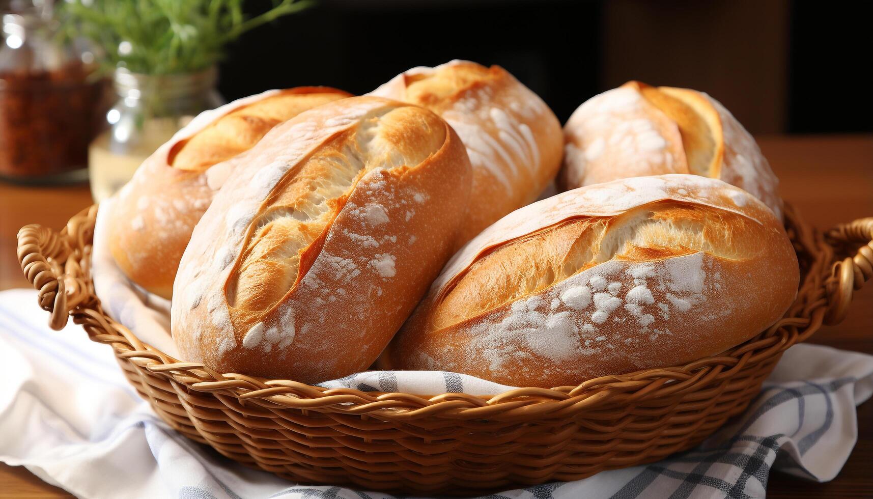 ai gegenereerd vers gebakken eigengemaakt brood Aan rustiek houten tafel gegenereerd door ai foto