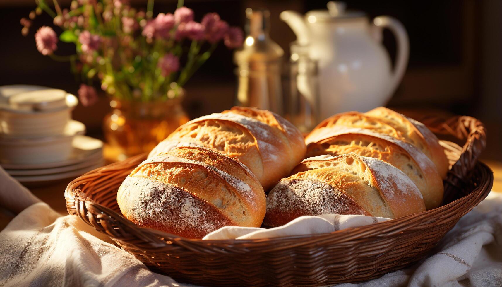 ai gegenereerd vers gebakken eigengemaakt brood Aan rustiek houten tafel gegenereerd door ai foto