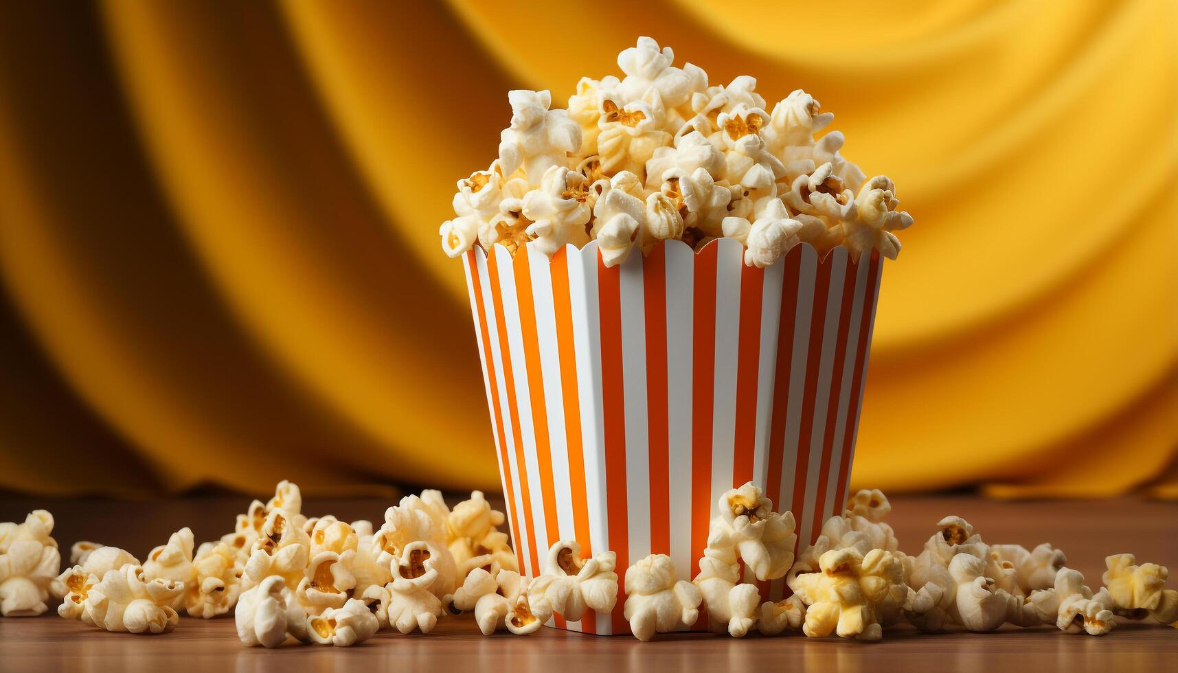 ai gegenereerd aan het kijken een pret film, aan het eten pluizig popcorn in een theater gegenereerd door ai foto