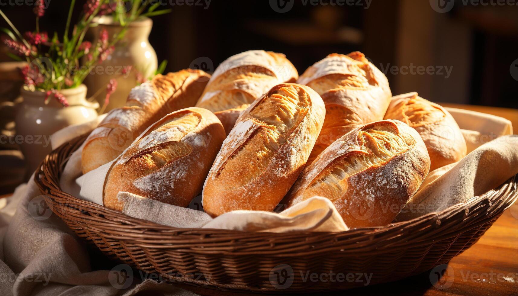 ai gegenereerd vers gebakken baguette Aan houten tafel, een fijnproever genot gegenereerd door ai foto