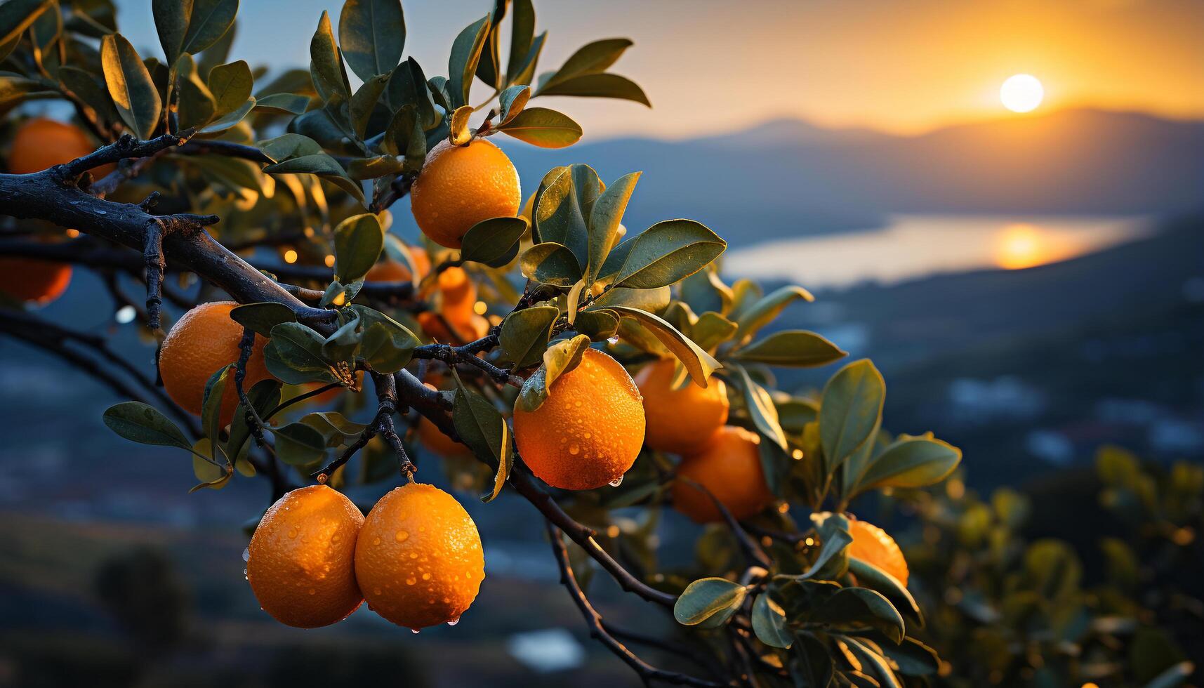 ai gegenereerd vers oranje citrus fruit Aan een boom in natuur gegenereerd door ai foto