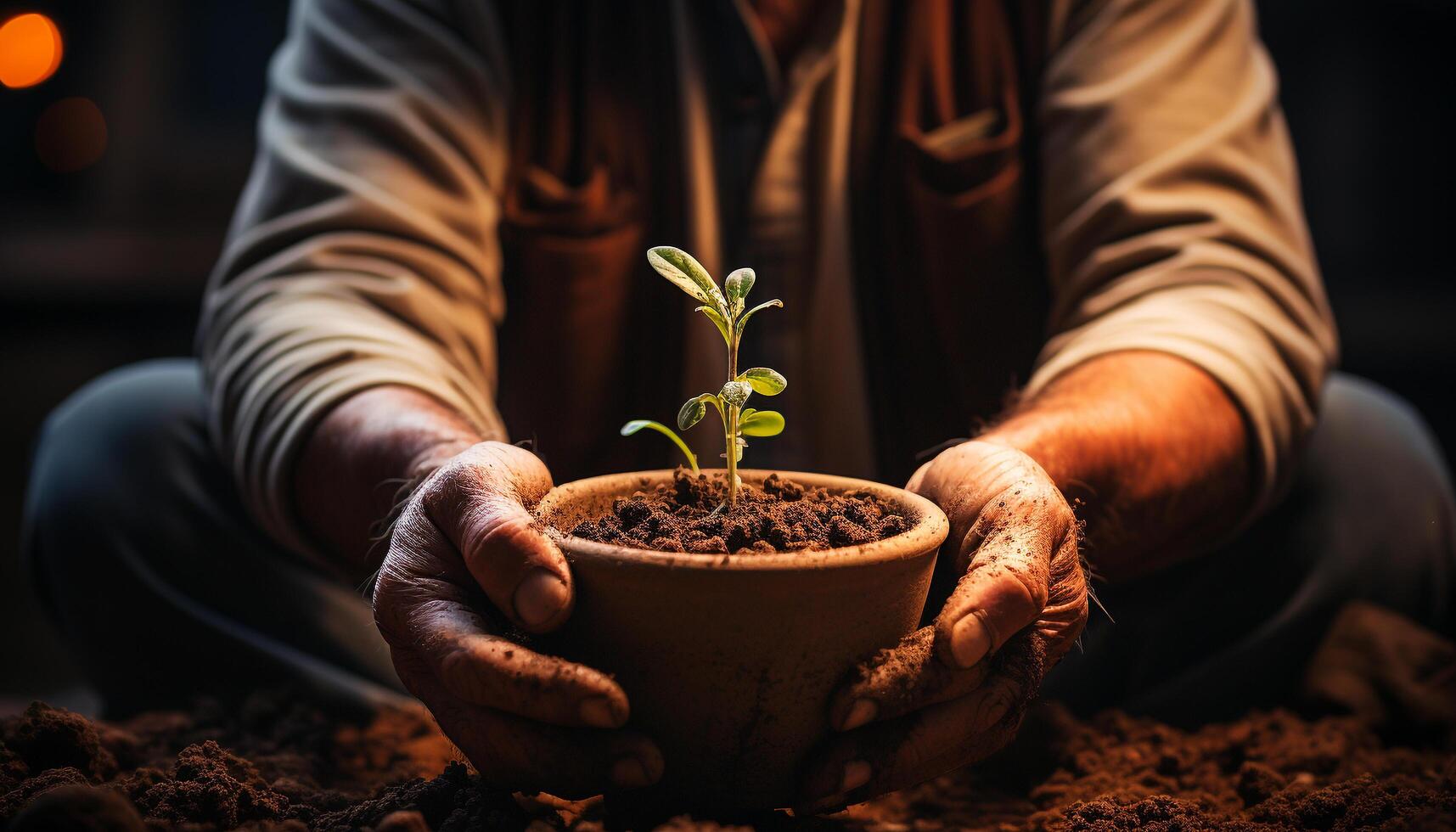 ai gegenereerd een persoon aanplant nieuw leven, koesteren groei in natuur gegenereerd door ai foto