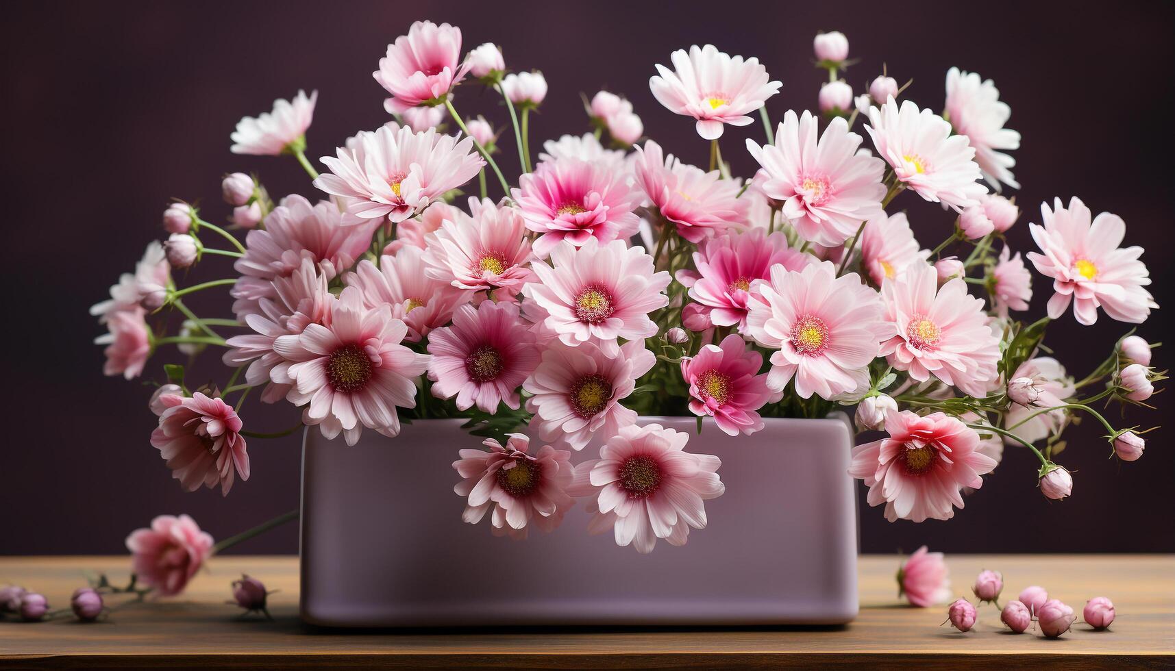 ai gegenereerd een levendig boeket van roze en Purper madeliefjes bloesems gegenereerd door ai foto