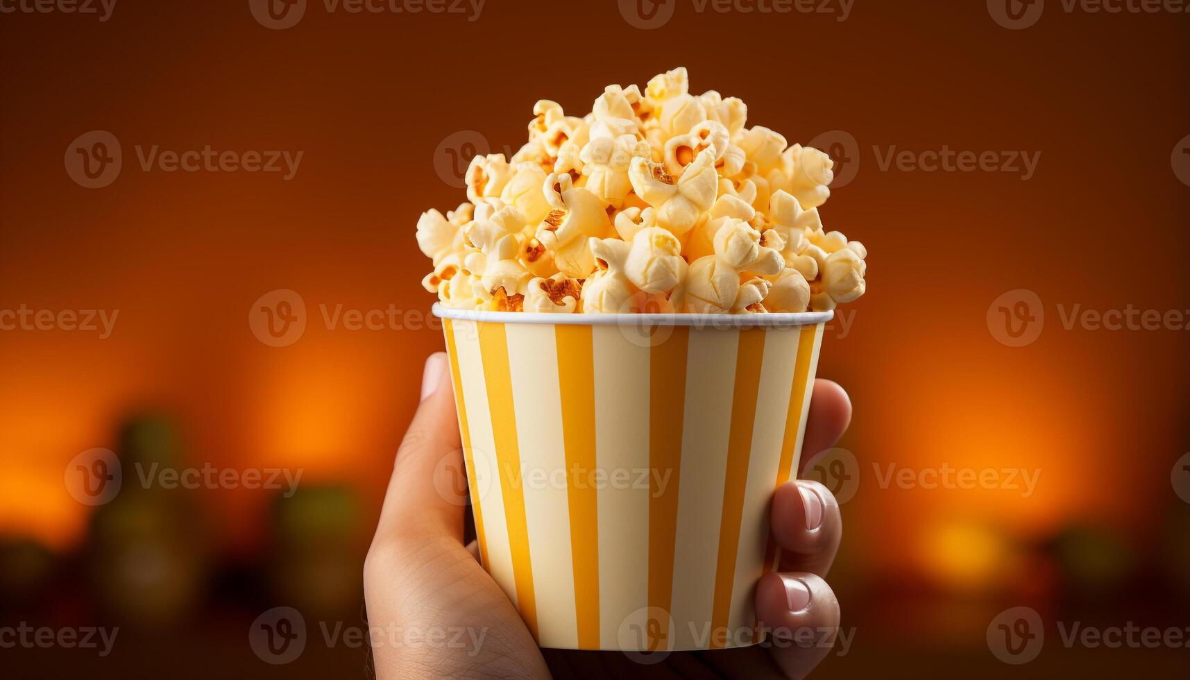 ai gegenereerd een persoon Holding een emmer van film theater snacks gegenereerd door ai foto