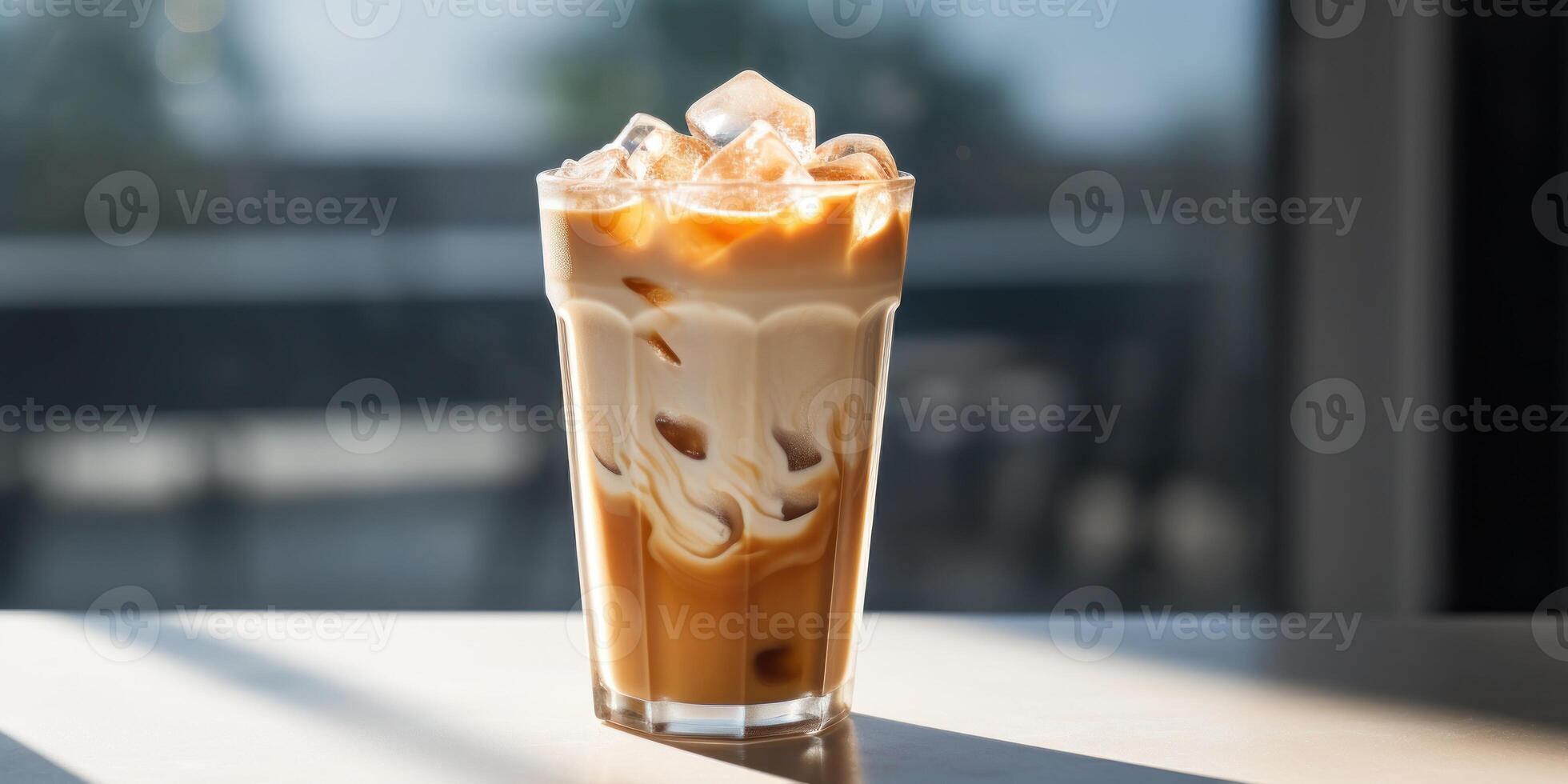 ai gegenereerd bevroren cappuccino met ijs kubussen. verkoudheid koffie in hoog glas. verfrissend drank. cafeïne heerlijk drankje. koel latte Aan tafel. foto