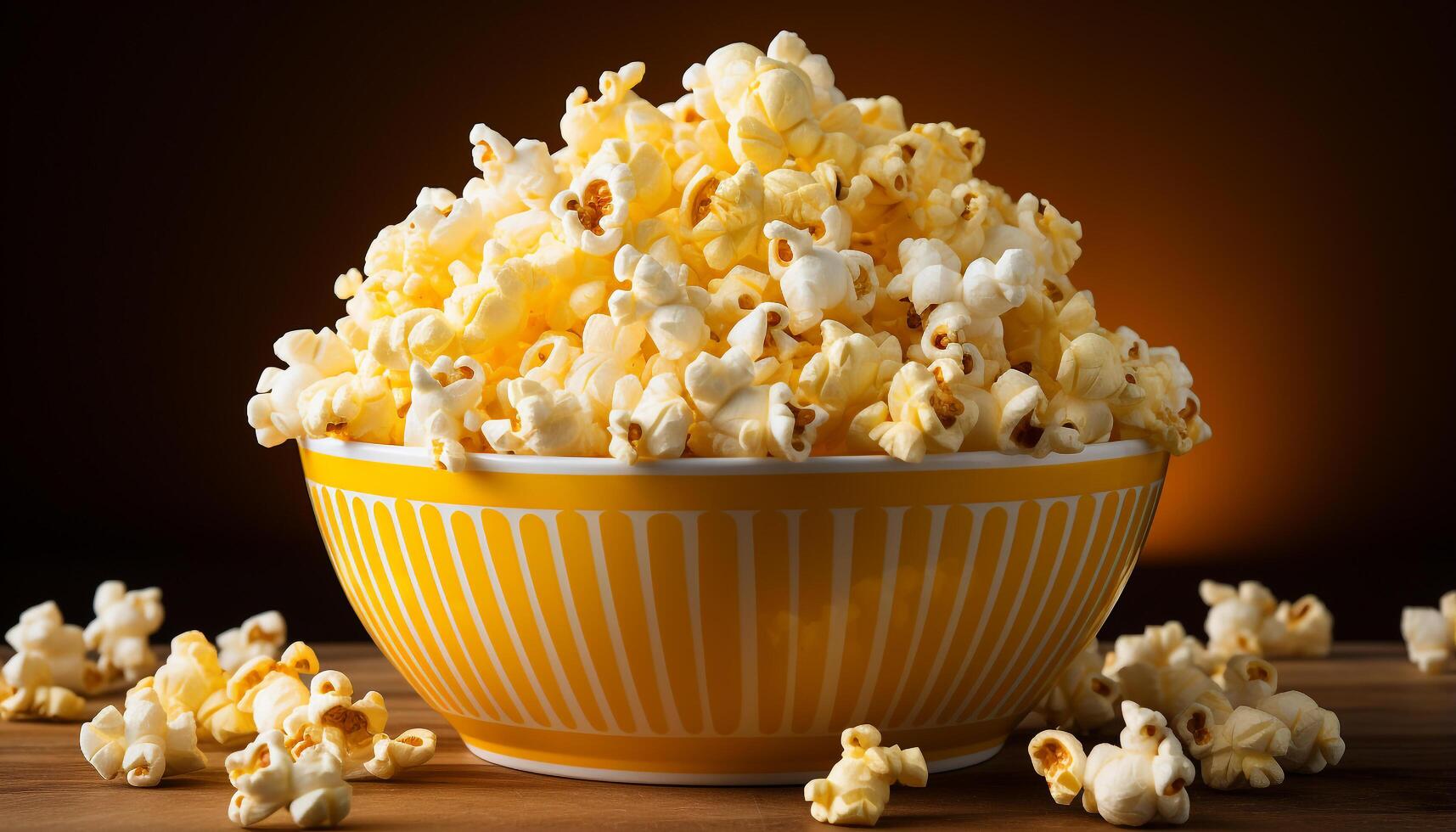 ai gegenereerd aan het kijken een film, snacken Aan vers popcorn in een kom gegenereerd door ai foto