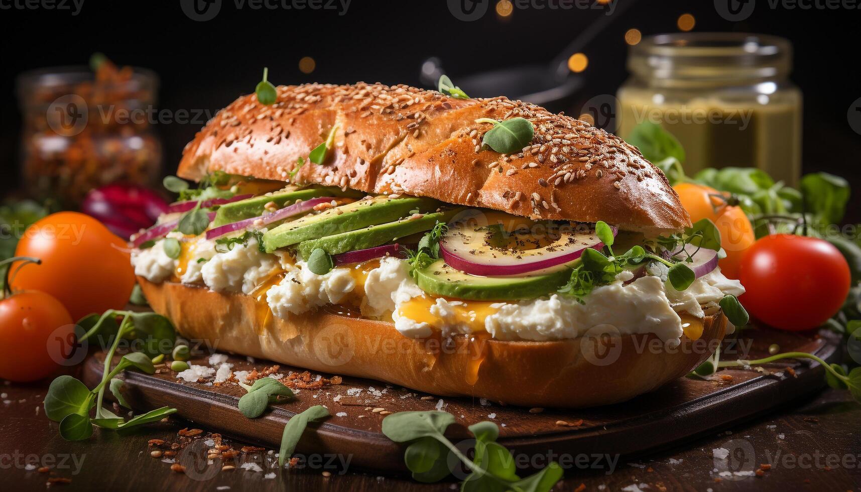 ai gegenereerd versheid Aan bord gegrild broodje, gezond aan het eten, eigengemaakt vegetarisch voedsel gegenereerd door ai foto