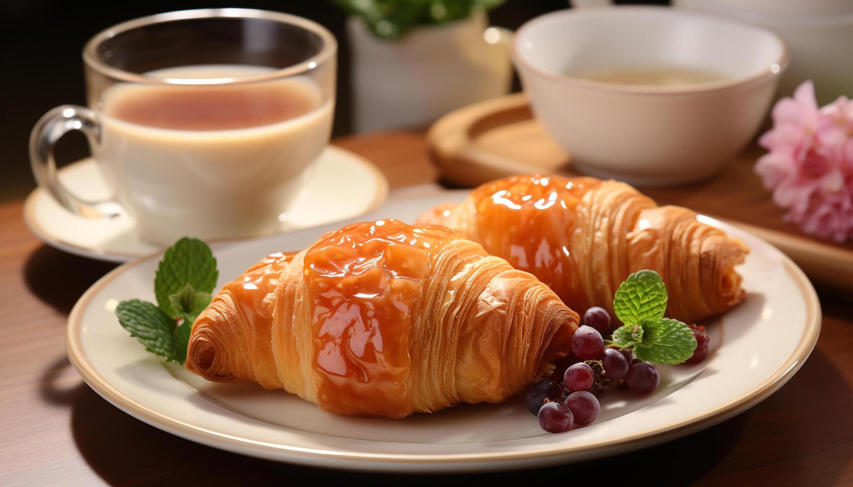 ai gegenereerd vers croissant Aan houten bord, koffie beker, zoet gebakje gegenereerd door ai foto