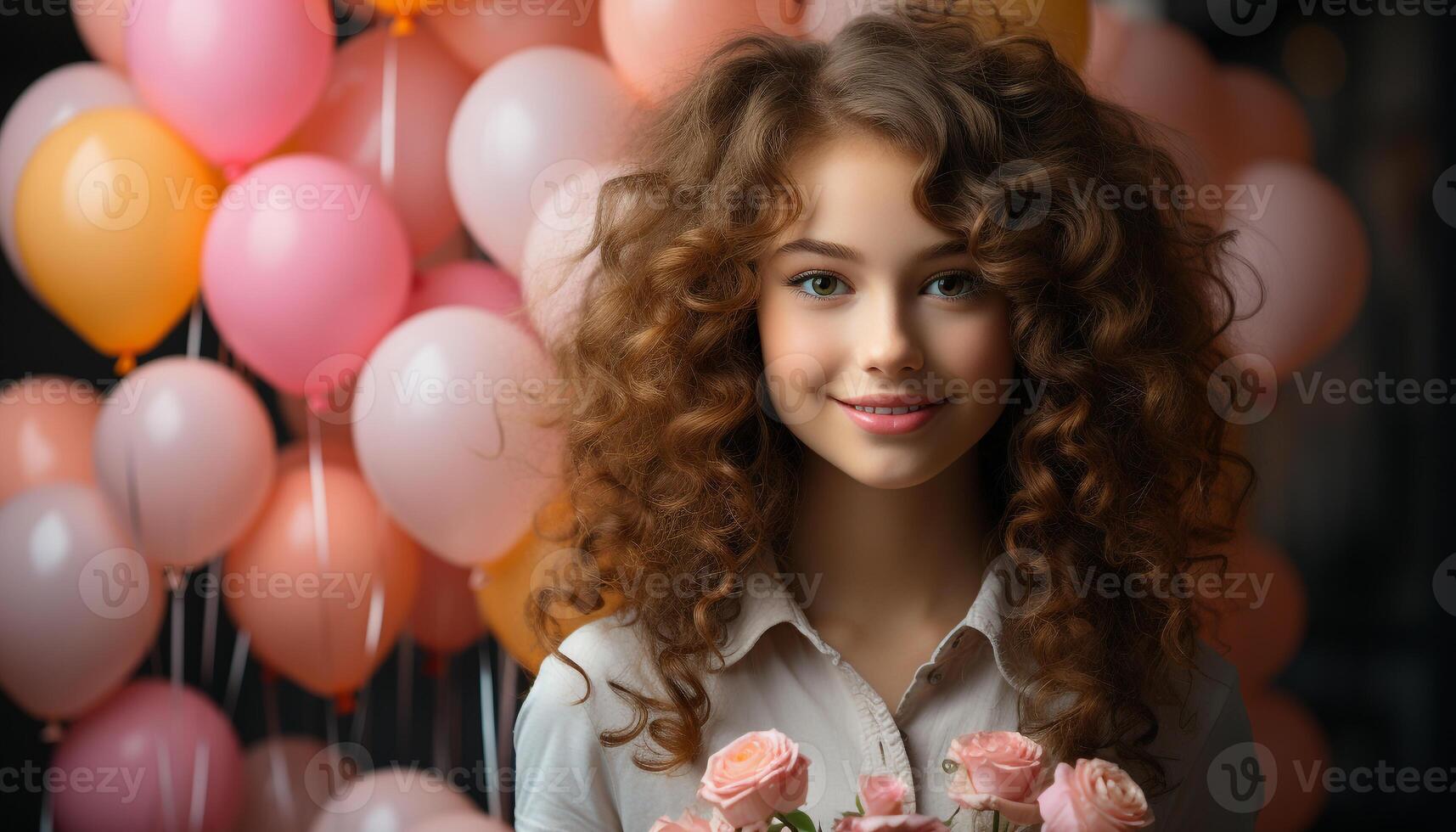 ai gegenereerd glimlachen Dames vieren verjaardag met schattig ballonnen, blij en vrolijk gegenereerd door ai foto