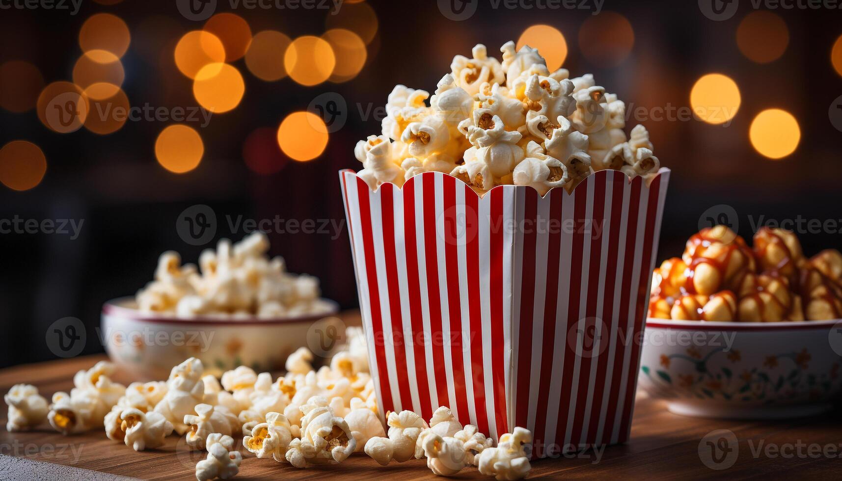 ai gegenereerd vers popcorn in gestreept emmer, perfect tussendoortje voor film aan het kijken gegenereerd door ai foto