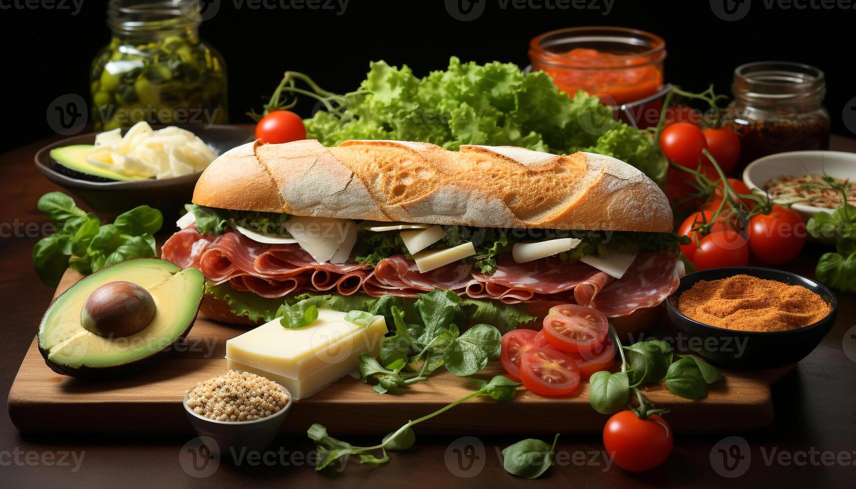 ai gegenereerd versheid Aan een houten bord fijnproever broodje, gezond salade gegenereerd door ai foto