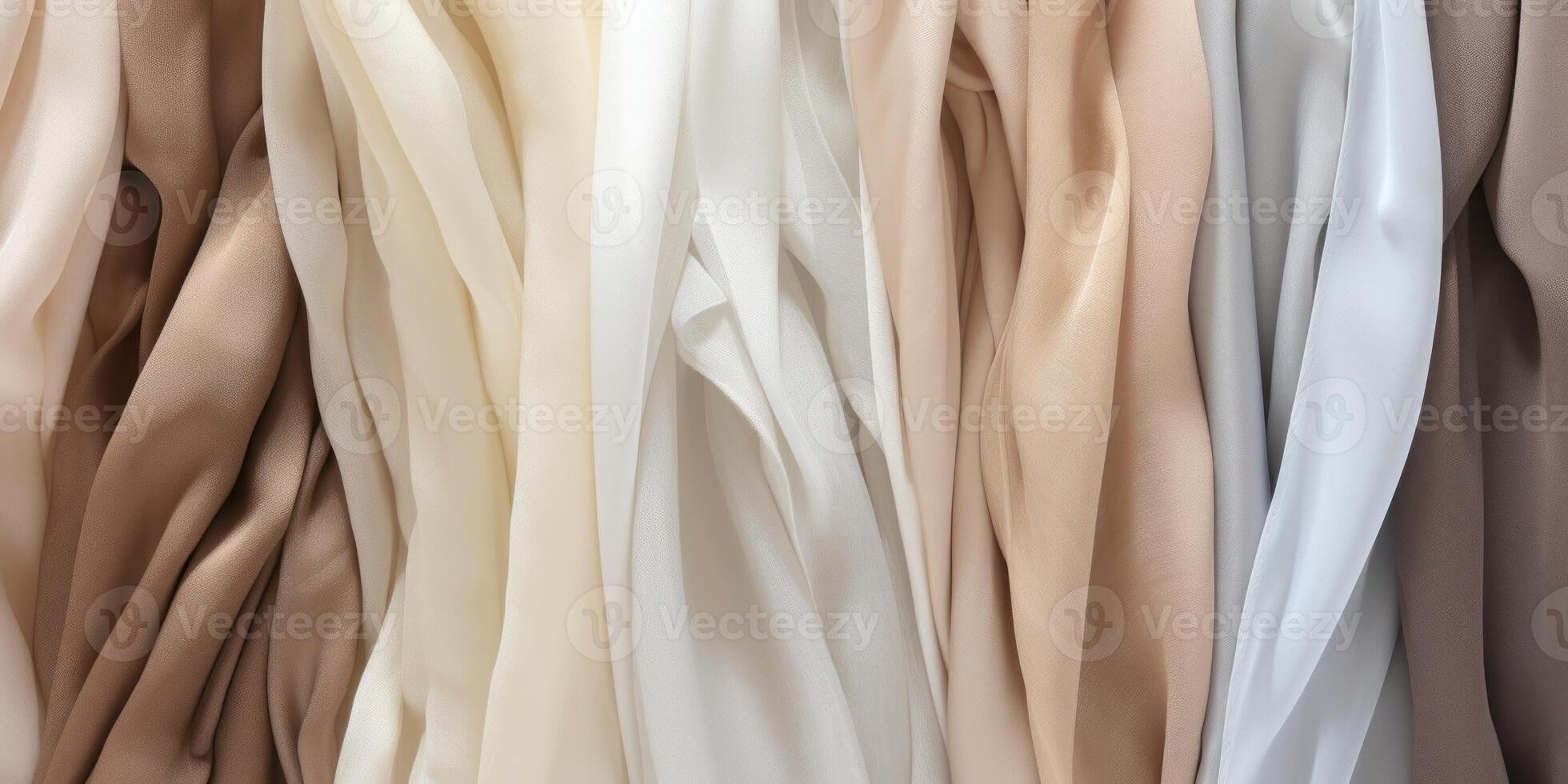 ai gegenereerd satijn kleding stof in gevarieerd neutrale tinten. beige zijde textiel. gordijn achtergrond. generatief ai foto