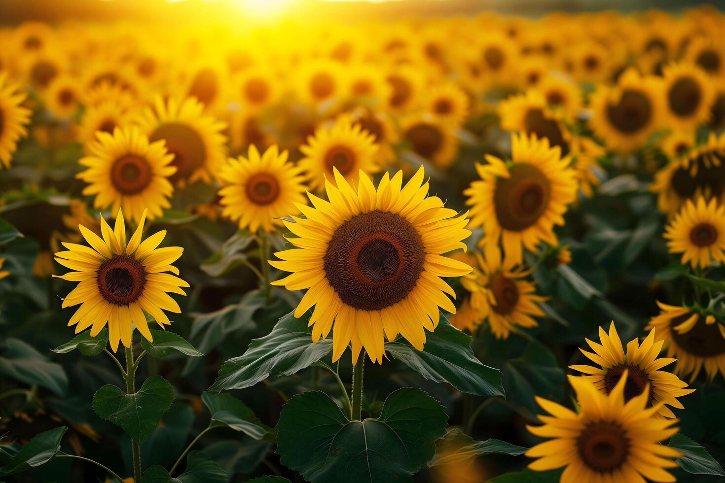 ai gegenereerd zonsondergang straling over- zonnebloem veld- foto