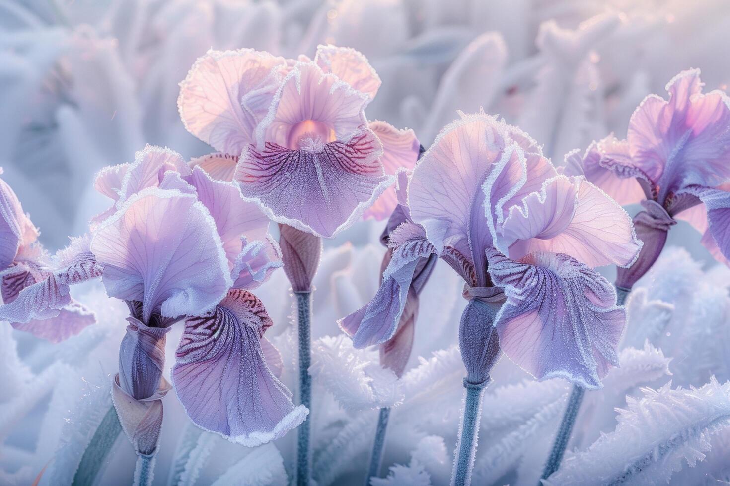 ai gegenereerd vorst omrand iris bloesems Bij dageraad foto