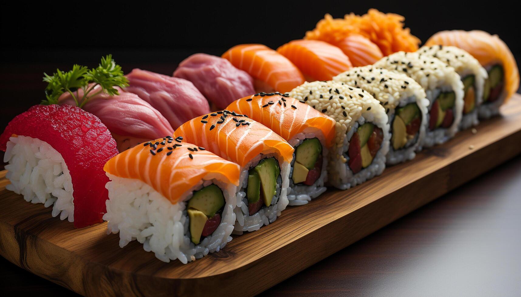 ai gegenereerd versheid en culturen Aan een bord sushi, sashimi, en maki gegenereerd door ai foto